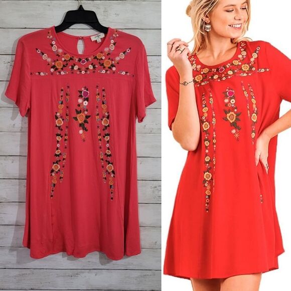 Umgee Boho Floral Embroidered Short Sleeve Tunic / Mini Dress FLAW Size Small - Picture 1 of 10